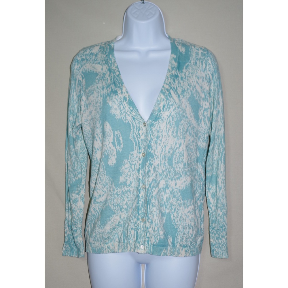 Talbots S Petites Aqua Blue White Abstract Print Button Front Cardigan Sweater